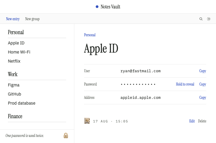 Notes Vault open on a Mac, passwords grouped into Personal, Work and Finance